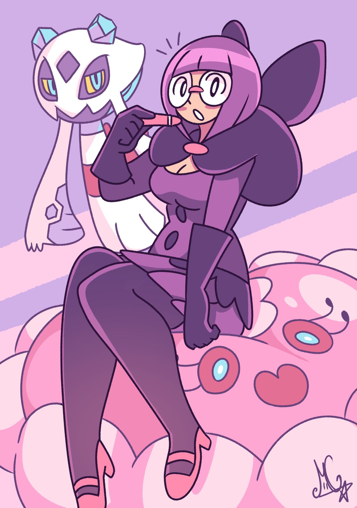 octomage, froslass, jellicent, jellicent (female), shauntal (pokemon), nintendo, pokemon, pokemon bw, highres, 1girl, artist logo, blunt bangs, bob cut, bow, breasts, buttons, cleavage, elbow gloves, gen 4 pokemon, gen 5 pokemon, ghost, glasses, gloves, holding, holding pen, jellyfish, large bow, logo, medium breasts, open mouth, pantyhose, pen, pokemon (creature), purple hair, purple skirt, rimless eyewear, round eyewear, short hair, skirt