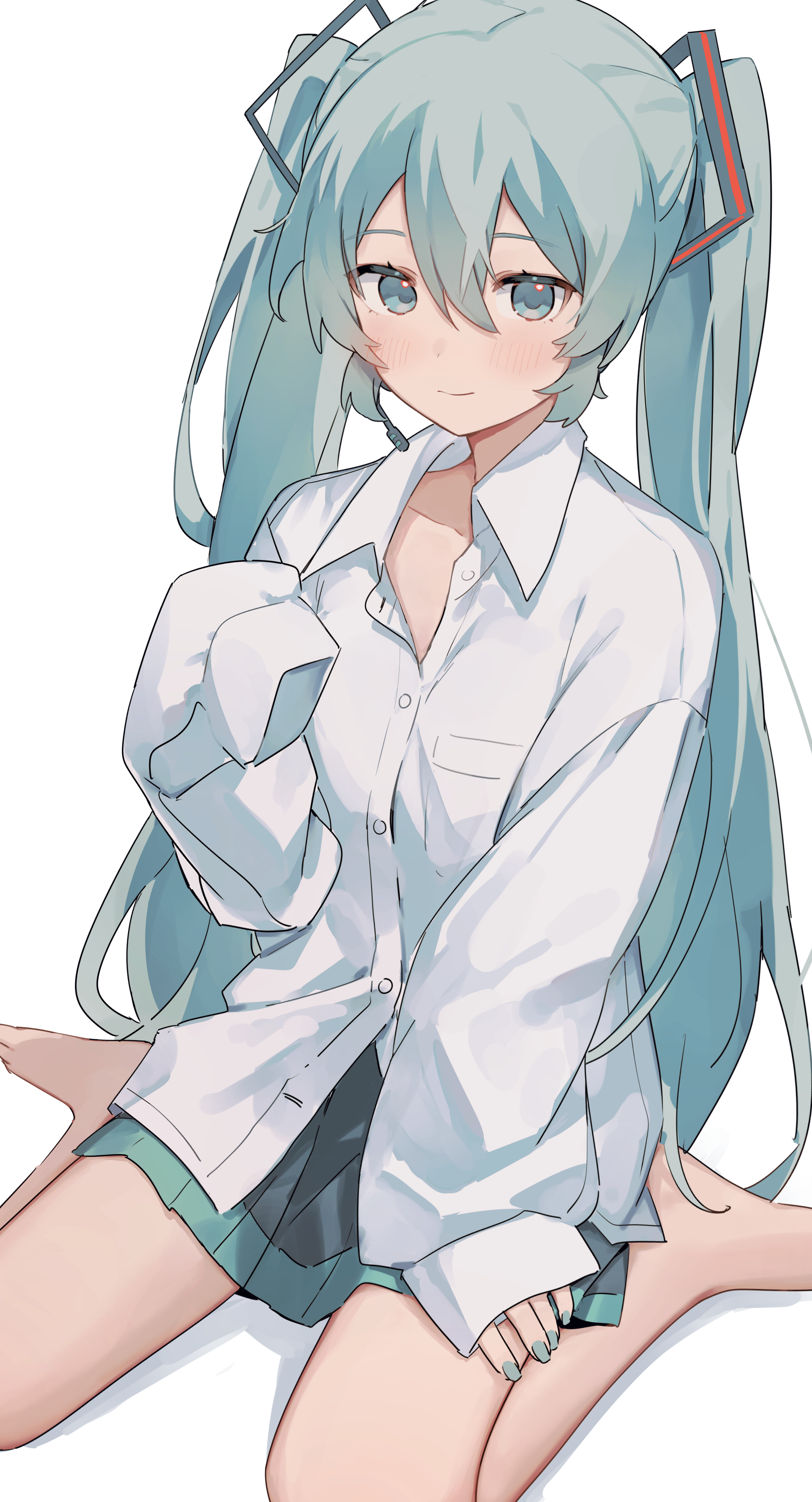 shiratakiseaice, hatsune miku, vocaloid, absurdres, hashtag-only commentary, highres, 1girl, alternate costume, aqua eyes, aqua hair, aqua nails, bare legs, barefoot, black skirt, blush, breasts, closed mouth, collarbone, collared shirt, hair between eyes, hair ornament, headphones, long hair, long sleeves, miniskirt, pleated skirt, shirt, simple background, sitting, skirt, sleeves past wrists, small breasts, smile, solo, twintails, very long hair, wariza, white background, white shirt