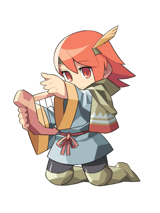 itsumo nokoru, bard (final fantasy), refia, final fantasy, final fantasy iii, square enix, archived source, 1girl, anime coloring, aqua sleeves, aqua tunic, bard, black leggings, boots, cape, closed mouth, deformed, feathers, full body, green boots, green cape, green hairband, hairband, harp, instrument, kneeling, leggings, long hair, looking at viewer, music, no nose, orange eyes, orange hair, playing instrument, short cape, simple background, smile, solo, thigh boots, tunic, white background, wide sleeves, yellow feathers