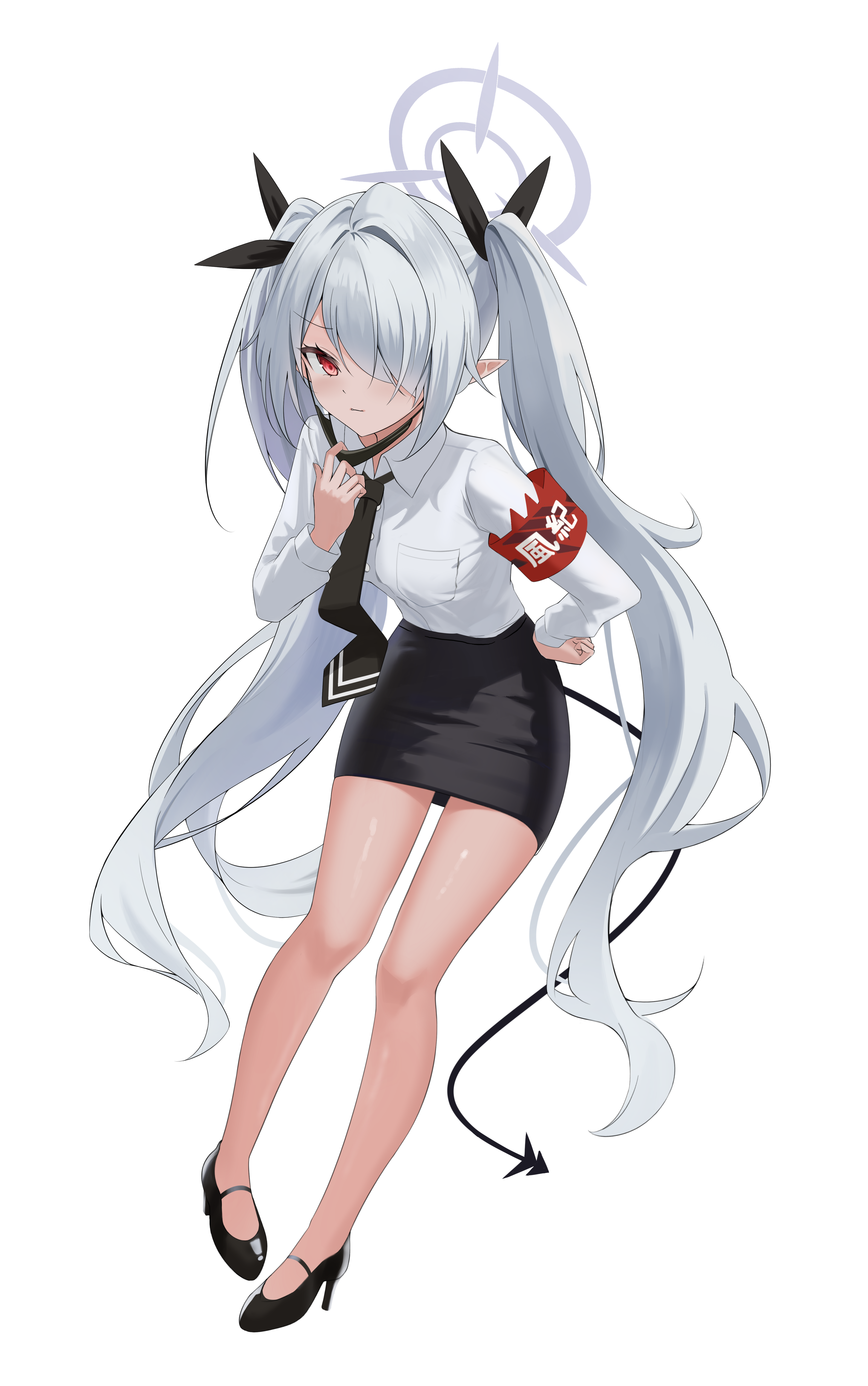gyuu, iori (blue archive), blue archive, absurdres, highres, 1girl, adapted costume, armband, black mask, black necktie, black ribbon, black shoes, black skirt, bow, breast pocket, breasts, collared shirt, dark-skinned female, dark skin, demon girl, demon tail, eyelashes, full body, grey hair, grey halo, hair bow, hair intakes, hair over one eye, hair ribbon, halo, hand on own hip, high heels, leaning forward, long hair, long sleeves, looking at viewer, mask, mask pull, mouth mask, necktie, no socks, one eye covered, pencil skirt, pocket, pointy ears, red armband, red eyes, ribbon, shirt, shoes, simple background, skirt, small breasts, solo, standing, tail, thighs, tsurime, twintails, very long hair, white background, white shirt