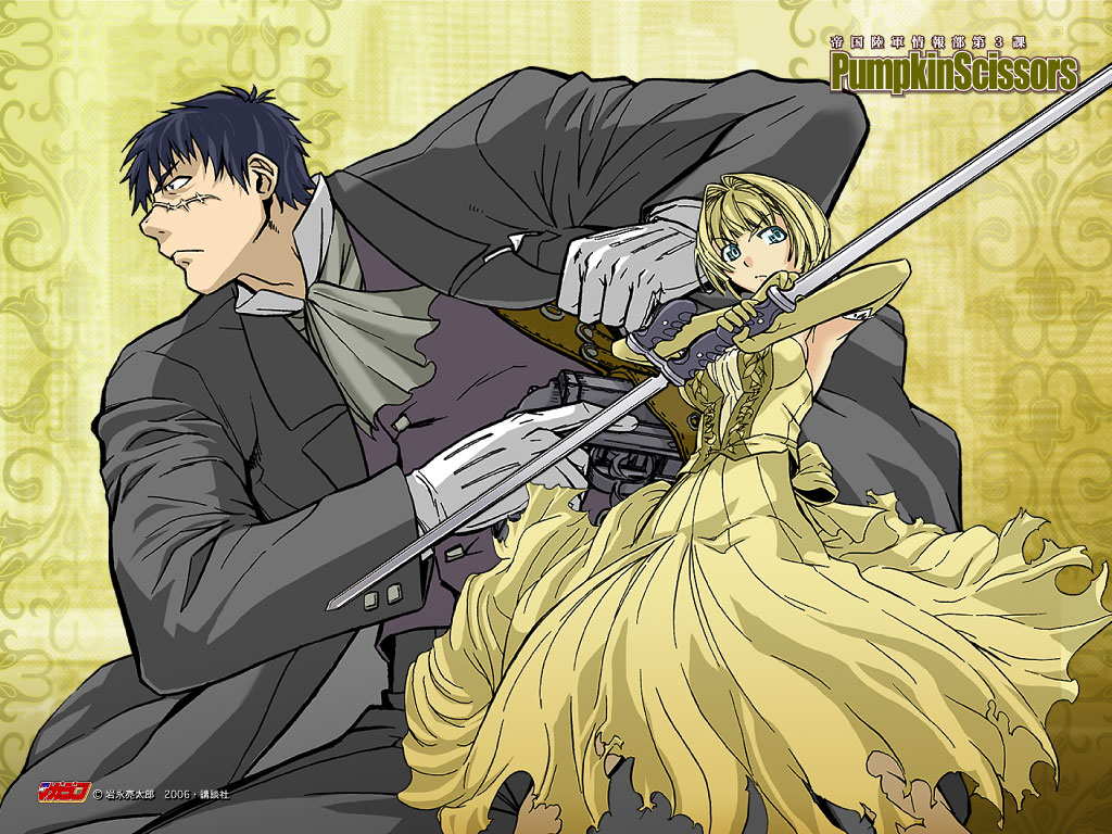 alice l. malvin, randal orlando, pumpkin scissors, 00s, 1boy, 1girl, blonde hair, dress, gloves, gun, short hair, sword, torn clothes, weapon, yellow background, yellow dress