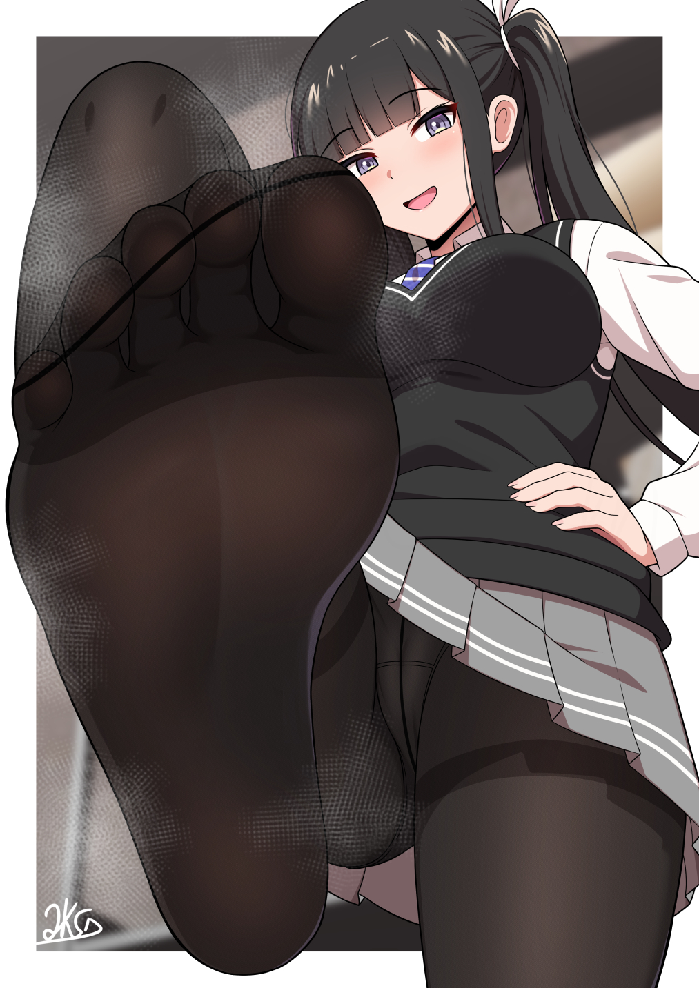 jkisaradu, original, highres, 1girl, black eyes, black pantyhose, black vest, blurry, blurry background, blush, breasts, eyebrows hidden by hair, feet, foot focus, from below, grey skirt, hand on own hip, large breasts, long hair, looking at viewer, looking down, open mouth, panties, panties under pantyhose, pantyhose, school uniform, shirt, signature, skirt, smell, smile, soles, solo, standing, toes, twintails, underboob, underwear, vest, white shirt