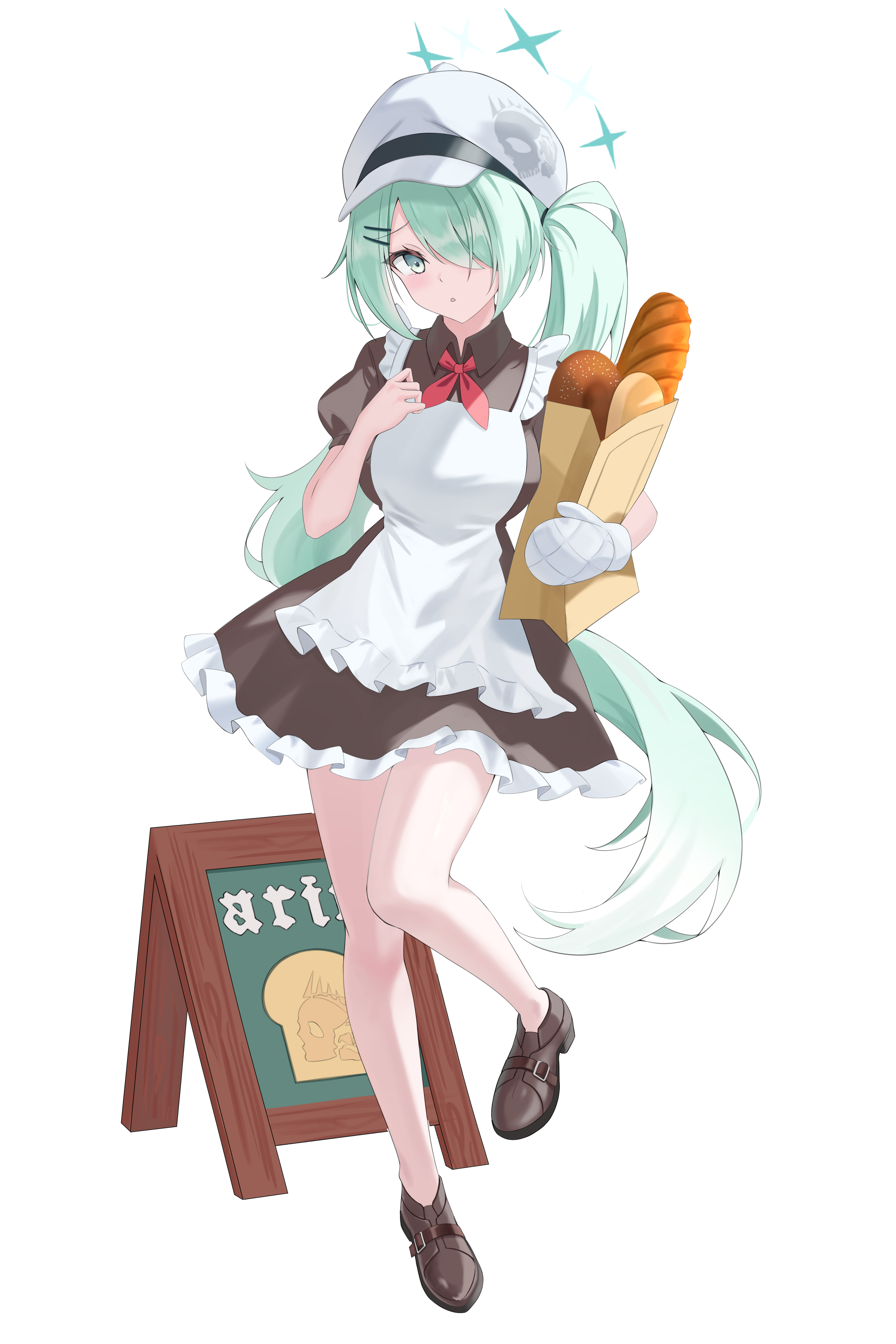 gyuu, hiyori (blue archive), blue archive, absurdres, highres, 1girl, alternate costume, apron, blush, bread, breasts, brown dress, brown shoes, dress, eyelashes, floating hair, food, frilled apron, frilled dress, frills, full body, furrowed brow, green eyes, green hair, green halo, hair ornament, hair over one eye, hairclip, halo, hand up, hat, holding, holding food, knees together feet apart, large breasts, long bangs, long hair, looking at viewer, maid apron, mittens, neck ribbon, one eye covered, parallel hairclips, parted lips, peaked cap, puffy short sleeves, puffy sleeves, red ribbon, ribbon, shoes, short sleeves, side ponytail, simple background, single mitten, skull print, solo, standing, standing on one leg, thighs, tsurime, very long hair, white apron, white background, white hat, white mittens