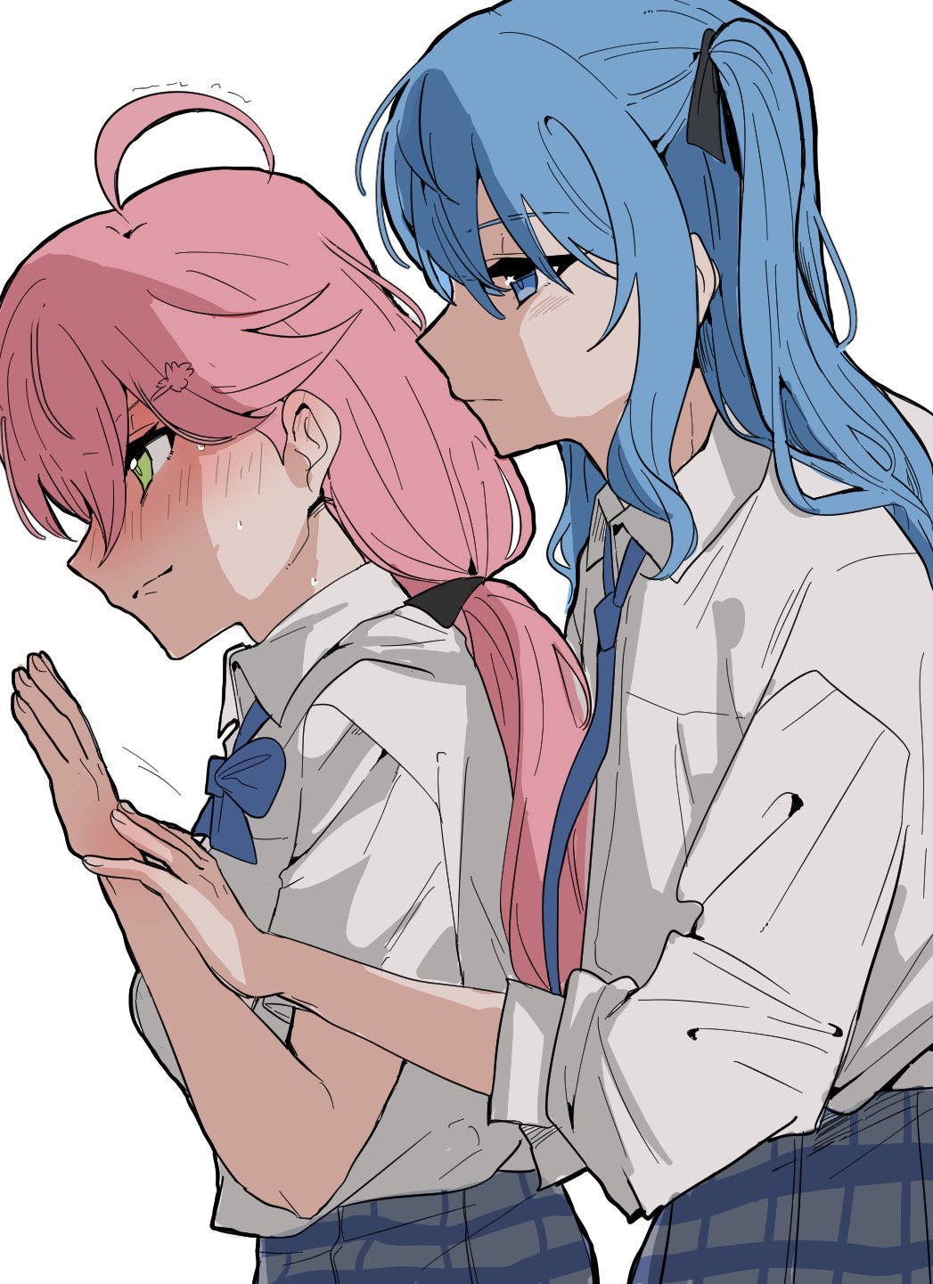 hoshimachi suisei, sakura miko, hololive, commentary, highres, symbol-only commentary, 2girls, black ribbon, blue bow, blue bowtie, blue eyes, blue hair, blue necktie, blue skirt, blush, bow, bowtie, closed mouth, collared shirt, green eyes, h ero d, hair ribbon, holding another's wrist, multiple girls, necktie, one side up, pink hair, plaid clothes, plaid skirt, pleated skirt, ribbon, school uniform, shirt, simple background, skirt, twintails, white background, white shirt, yuri