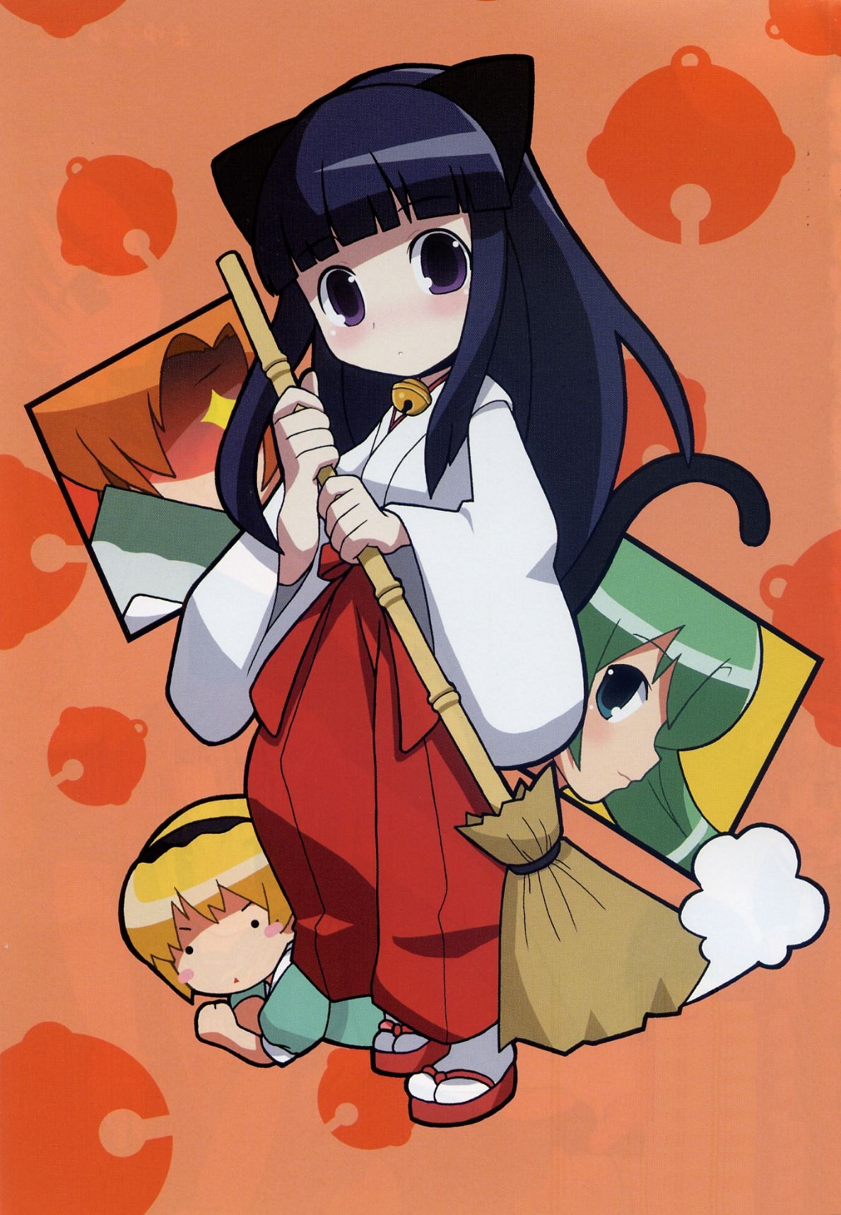 imaizumi teruhiko, furude rika, houjou satoko, ryuuguu rena, sonozaki mion, higurashi no naku koro ni, highres, 00s, 4girls, blonde hair, broom, hakama, hakama skirt, japanese clothes, miko, multiple girls, red hakama, skirt