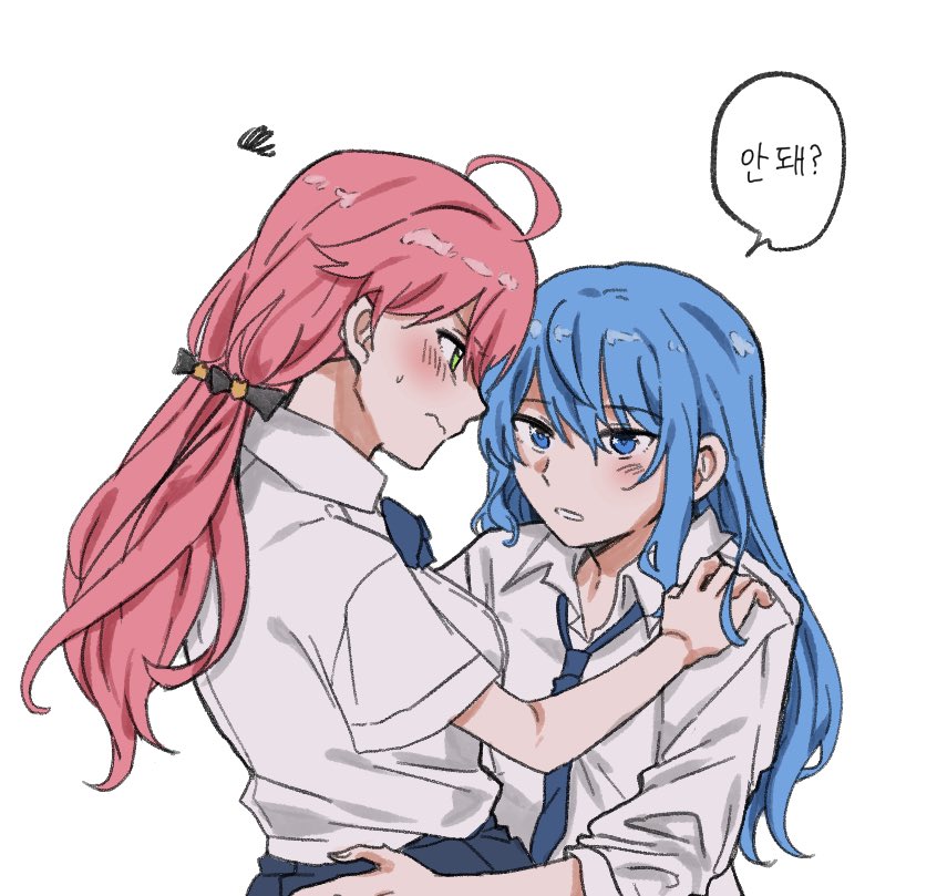 hoshimachi suisei, sakura miko, hololive, translation request, 2girls, blue bow, blue bowtie, blue eyes, blue hair, blue necktie, blue skirt, bow, bowtie, closed mouth, collared shirt, green eyes, h ero d, hand on another's waist, korean text, long hair, multiple girls, necktie, parted lips, pink hair, pleated skirt, school uniform, shirt, simple background, skirt, speech bubble, twintails, virtual youtuber, white background, white shirt, yuri