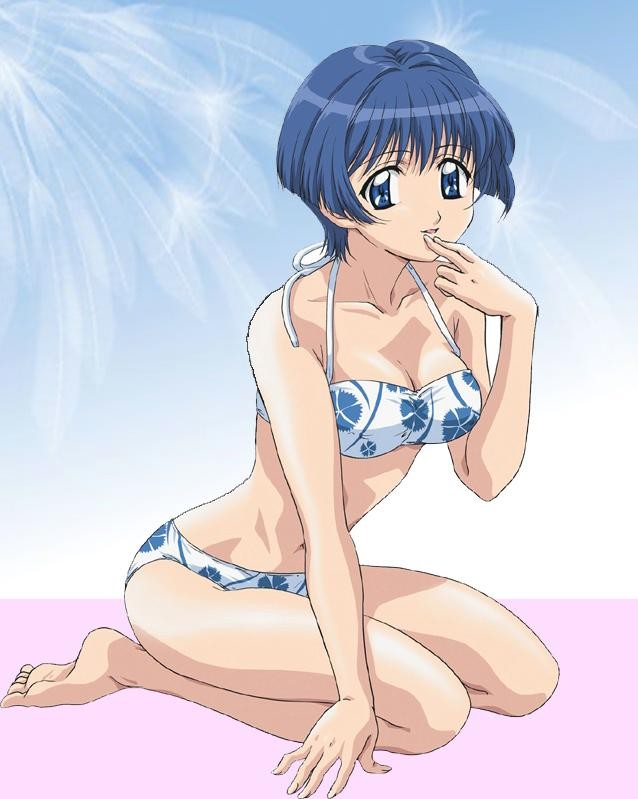 fumizuki kou, sakuraba aoi, ai yori aoshi, official art, 1girl, barefoot, bikini, blue eyes, blue hair, day, feet, female focus, finger to mouth, kneeling, matching hair/eyes, seiza, short hair, sitting, solo, swimsuit, white bikini