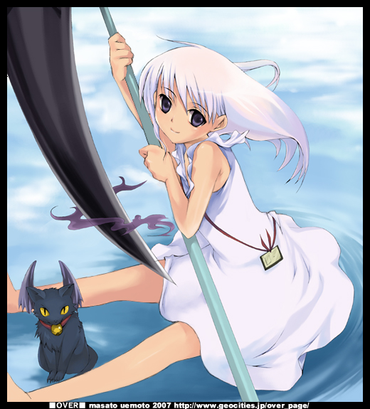 uemoto masato, daniel, daniel (shinigami no ballad), momo (shinigami no ballad), shinigami no ballad, 00s, 1girl, bell, black cat, cat, collar, dress, female focus, neck bell, scythe, skirt, solo, white dress, white hair, white skirt, wings