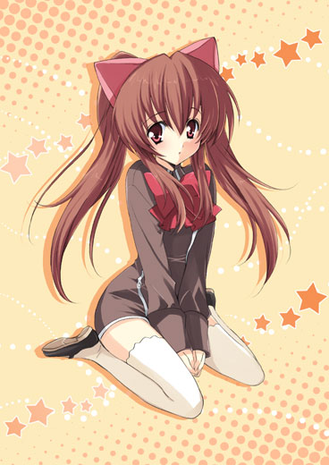 yukiwo, aloe, aloe (quiz magic academy), quiz magic academy, 1girl, :o, animal ears, arms between legs, black dress, bow, bowtie, brown eyes, brown hair, cat ears, dress, female focus, halftone, halftone background, long hair, looking at viewer, miniskirt, parted lips, shoes, sitting, skirt, solo, star (symbol), thighhighs, twintails, v arms, wariza, white thighhighs, yellow background, zettai ryouiki