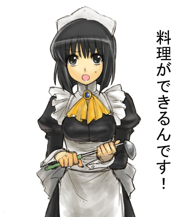 tetsu (kimuchi), siesta (zero no tsukaima), zero no tsukaima, source request, translated, 00s, 1girl, black hair, female focus, ladle, maid, short hair, solo, sweatdrop