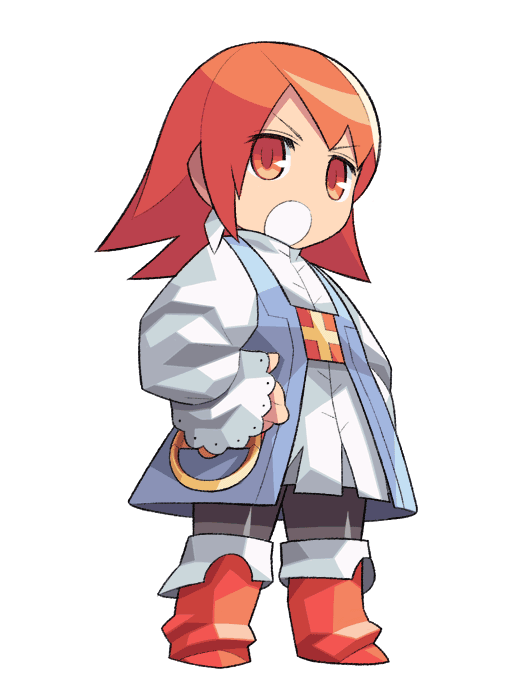 itsumo nokoru, refia, final fantasy, final fantasy iii, square enix, archived source, 1girl, anime coloring, ankle boots, black leggings, blue coat, boots, coat, collared dress, deformed, dress, earrings, full body, hands on own hips, high collar, jewelry, lace-trimmed sleeves, lace trim, leggings, legs apart, long sleeves, orange eyes, orange hair, pleated dress, puffy long sleeves, puffy sleeves, simple background, sleeveless, sleeveless coat, solo, standing, teeth, v-shaped eyebrows, white background, white dress, white sleeves