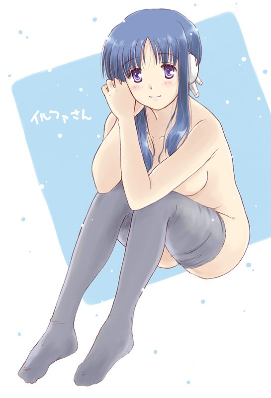 takahashi mugi, ilfa (to heart), to heart (series), to heart 2, 00s, 1girl, blue hair, feet, female focus, hugging own legs, knees to chest, legs, long hair, nude, purple eyes, robot ears, short hair with long locks, sitting, smile, solo, thighhighs