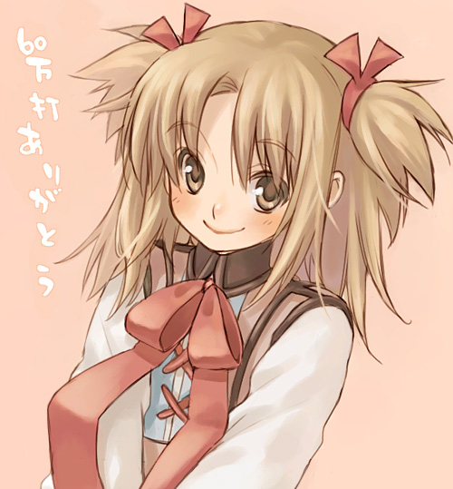 yuuryuu nagare, original, 1girl, blonde hair, bow, female focus, short twintails, smile, solo, twintails, two side up, yellow eyes