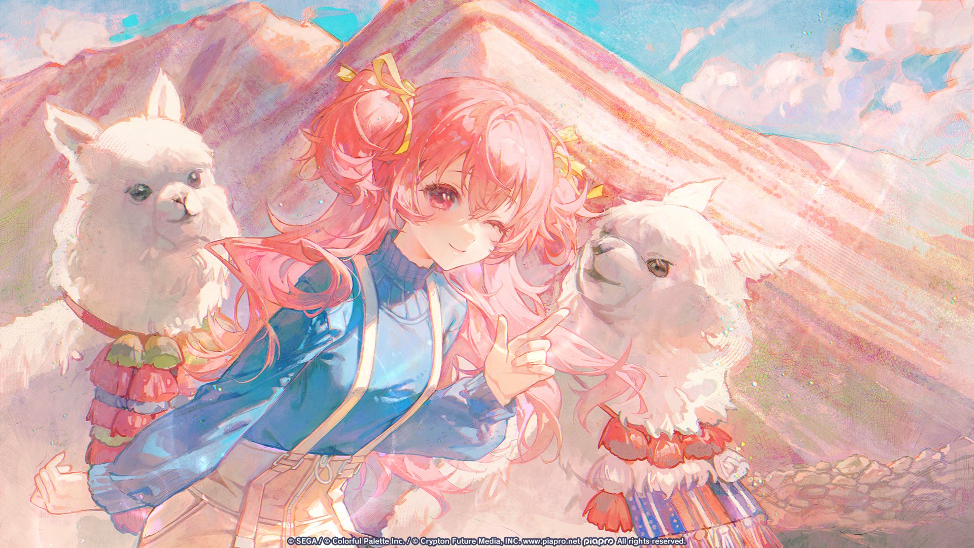 maccha (mochancc), momoi airi, project sekai, commentary, english commentary, highres, official art, second-party source, 1girl, alpaca, animal, arm at side, blue sweater, blush, breasts, closed mouth, cloud, copyright notice, crossed bangs, day, guest art, hair between eyes, hand up, index finger raised, leaning forward, long hair, long sleeves, looking at viewer, mountain, one eye closed, outdoors, pink eyes, pink hair, ribbon, sidelocks, skirt, small breasts, smile, solo focus, suspender skirt, suspenders, sweater, two side up, upper body, white fur, yellow ribbon, yellow skirt