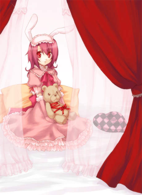 usashiro mani, original, 1girl, animal ears, female focus, goth fashion, rabbit ears, solo, stuffed animal, stuffed toy, teddy bear