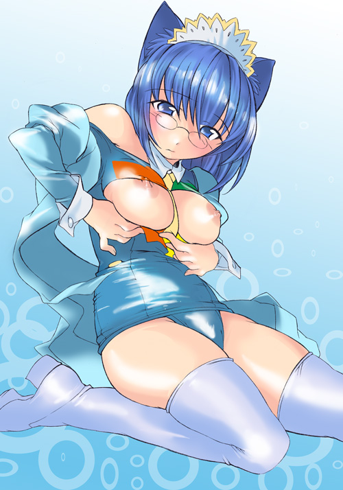 myouga, 2k-tan, os-tan, 1girl, animal ears, blue background, breasts, cat ears, female focus, glasses, nipples, solo, thighhighs, white thighhighs