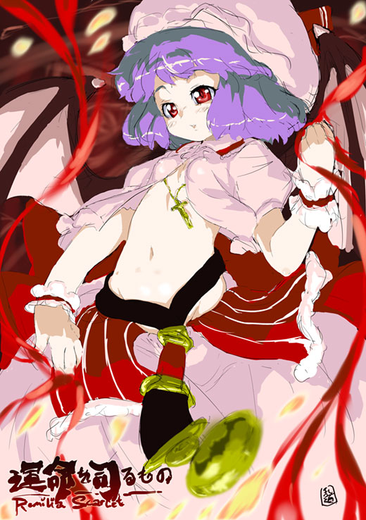 randou, remilia scarlet, touhou, 1girl, bat wings, female focus, midriff, solo, wings