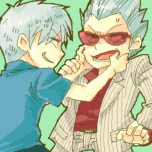 akagi shigeru, hirayama yukio, akagi, akagi: yami ni oritatta tensai, fukumoto mahjong, silver hair, striped, lowres, 2boys, :d, belt, buckle, collared shirt, dress shirt, formal clothes, grimace, grin, jacket, long sleeves, multiple boys, oekaki, open clothes, open jacket, open mouth, pinstripe pattern, pinstripe suit, shirt, short sleeves, smile, spiked hair, standing, suit, sunglasses, surprised, sweatdrop, t-shirt, teeth