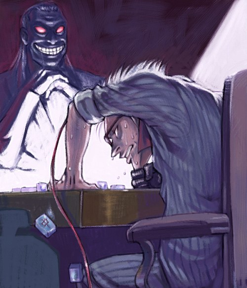 hirayama yukio, nise akagi, washizu iwao, akagi, akagi: yami ni oritatta tensai, fukumoto mahjong, silver hair, striped, 2boys, :d, board game, chair, clenched teeth, cowboy shot, formal clothes, grin, long sleeves, mahjong, mahjong tile, male focus, monster, multiple boys, open mouth, parted lips, pinstripe pattern, pinstripe suit, sitting, smile, spiked hair, suit, sweat, table, teeth
