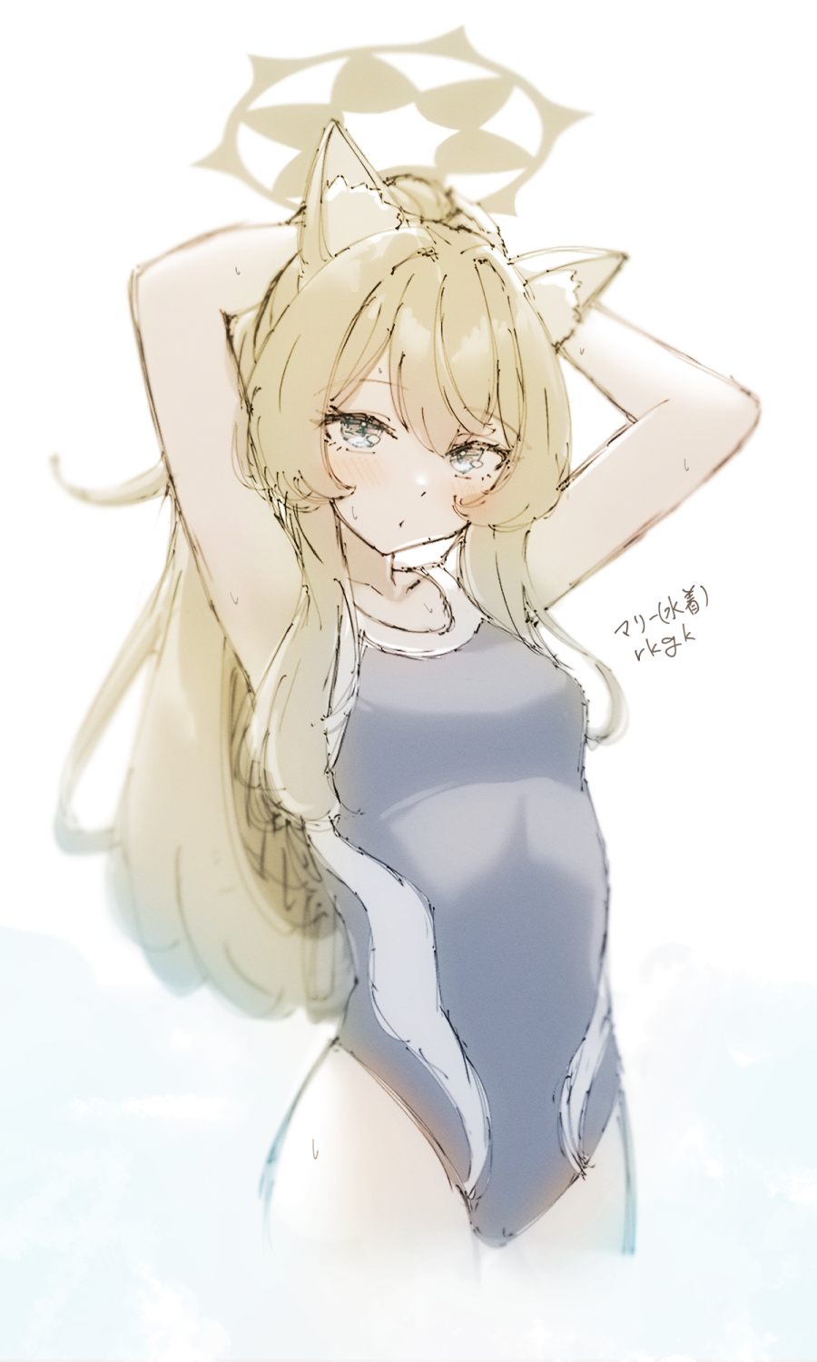 k0me, mari (blue archive), blue archive, highres, 1girl, :t, animal ear fluff, animal ears, arms behind head, blonde hair, blue one-piece swimsuit, blush, brown hair, bunching hair, cat ears, character name, collarbone, competition swimsuit, cowboy shot, halo, long hair, looking at viewer, one-piece swimsuit, ponytail, sketch, solo, swimsuit, wet