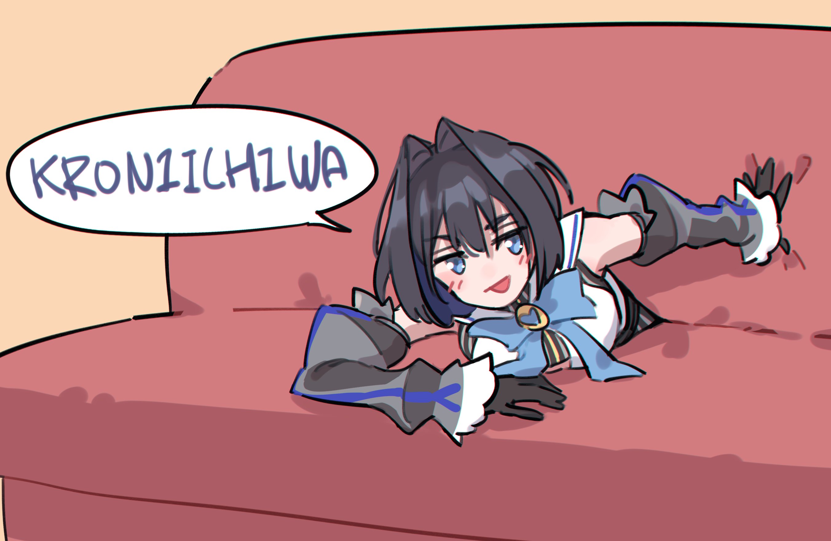 anco (platanity), ouro kronii, ouro kronii (1st costume), hololive, hololive english, hashtag-only commentary, highres, 1girl, black gloves, black hair, blue bow, blue eyes, bow, couch, detached sleeves, gloves, grey sleeves, hair intakes, light blush, open mouth, shirt, solo, speech bubble, virtual youtuber, white shirt