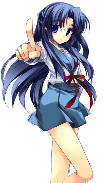minazuki haruka, asakura ryoko, suzumiya haruhi no yuuutsu, 00s, 1girl, blue eyes, blue hair, female focus, foreshortening, half updo, long hair, matching hair/eyes, pointing, school uniform, serafuku, solo