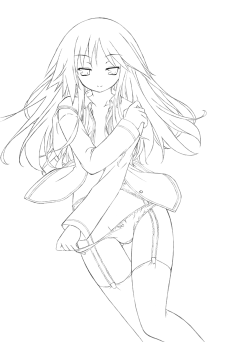ryo (botugo), watarase jun, happiness!, 00s, 1boy, bow, bow panties, crossdressing, crossdressing (mtf), garter belt, greyscale, lingerie, male focus, monochrome, open clothes, open shirt, panties, panty pull, shirt, solo, thighhighs, trap, underwear