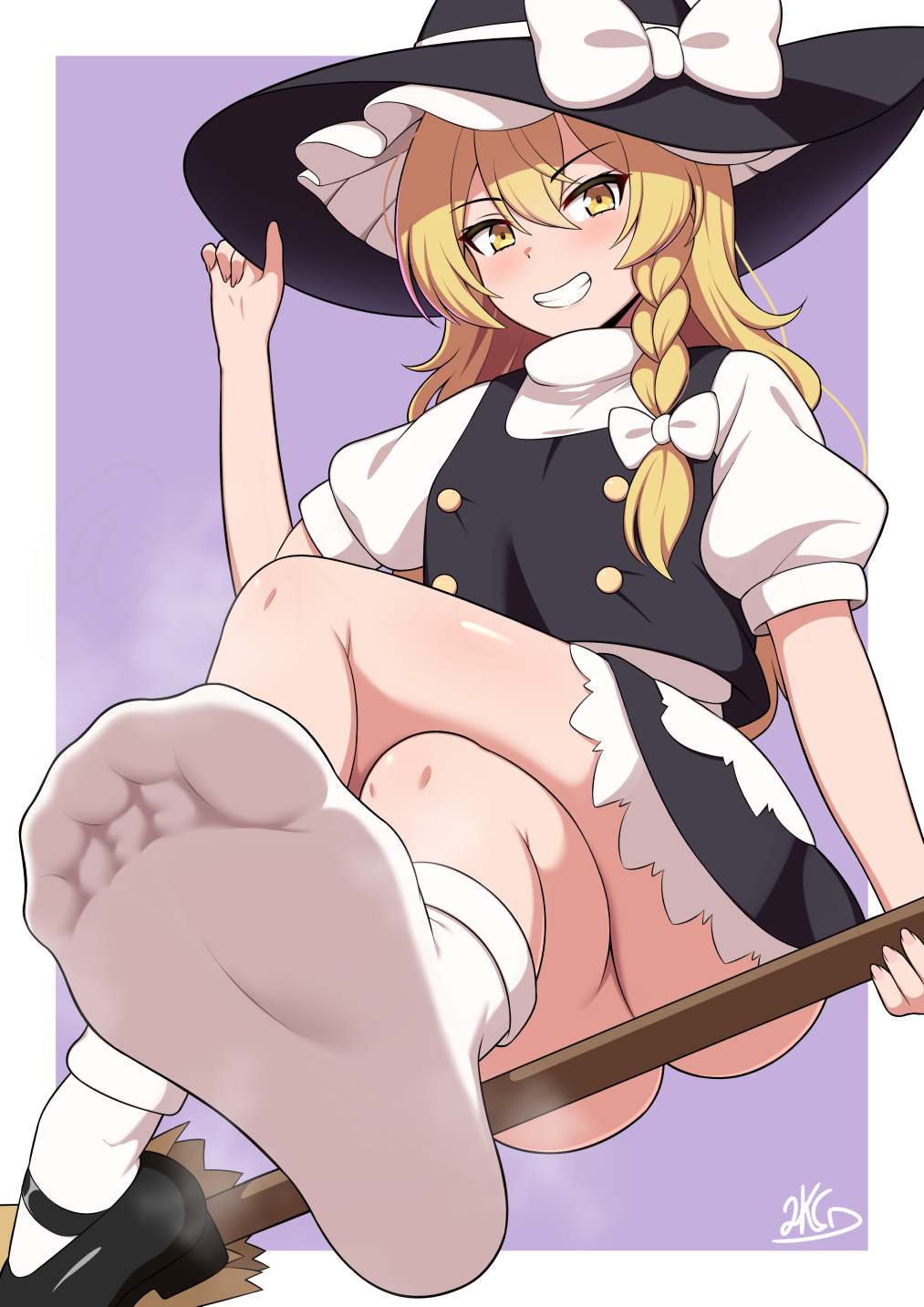 jkisaradu, kirisame marisa, touhou, highres, 1girl, black dress, black hat, black shoes, blonde hair, blush, braid, broom, broom riding, crossed legs, dress, flat chest, foot focus, from below, hair between eyes, hair ribbon, hand on headwear, hat, hat ribbon, lips, looking at viewer, medium hair, no shoes, open mouth, ribbon, shoes, signature, smell, smile, socks, soles, solo, teeth, toes, white ribbon, white socks, yellow eyes