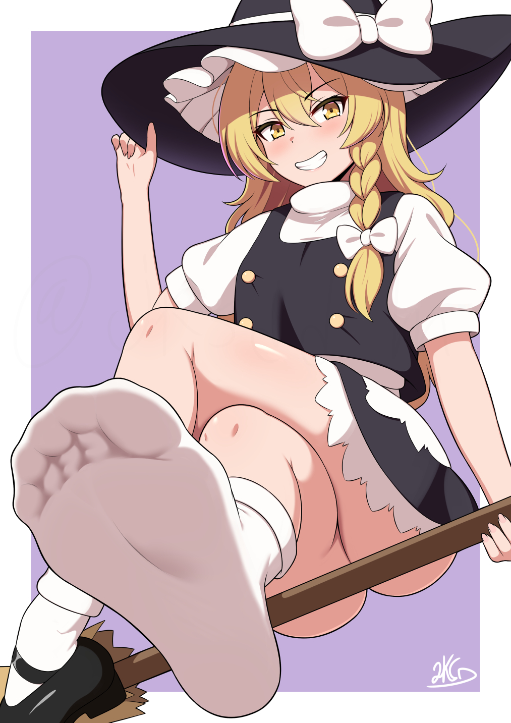 jkisaradu, kirisame marisa, touhou, highres, 1girl, black dress, black hat, black shoes, blonde hair, blush, braid, broom, broom riding, crossed legs, dress, flat chest, from below, hair between eyes, hair ribbon, hand on headwear, hat, hat ribbon, lips, looking at viewer, medium hair, no shoes, open mouth, ribbon, shoes, signature, smile, socks, soles, solo, teeth, toes, white ribbon, white socks, yellow eyes