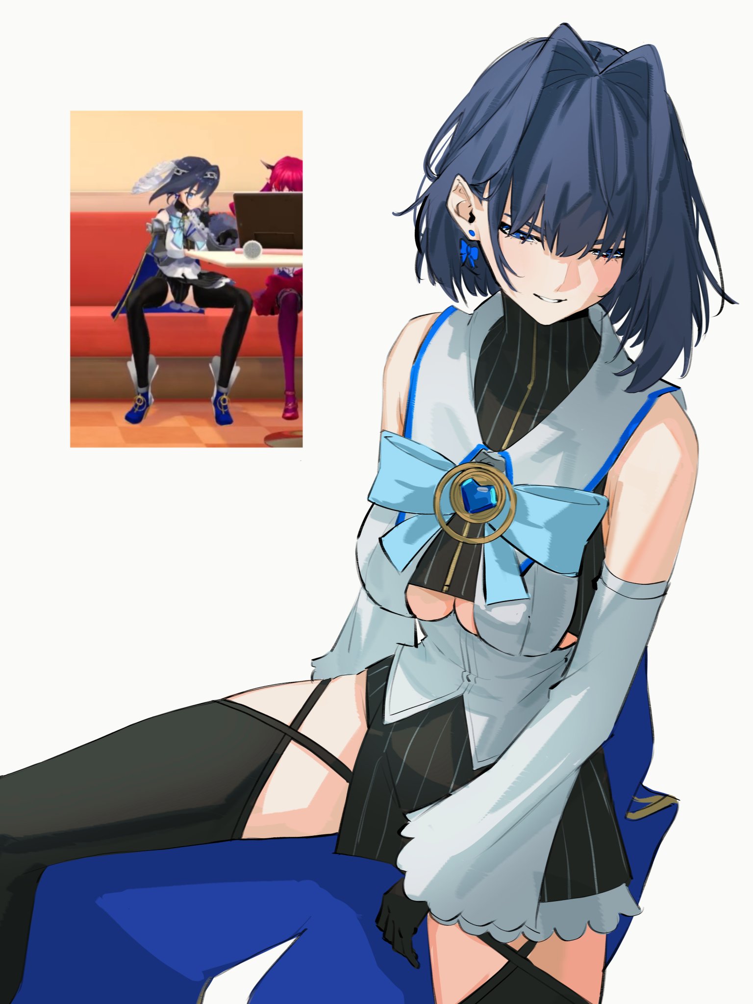 yuutomeh, ouro kronii, ouro kronii (1st costume), hololive, hololive english, highres, 1girl, black gloves, black hair, black skirt, black thighhighs, blue bow, blue eyes, blue gemstone, bow, bow earrings, breasts, clothing cutout, detached sleeves, earrings, gem, gloves, hair intakes, heart-shaped gem, jewelry, large breasts, screenshot inset, shirt, skirt, solo, thighhighs, underboob cutout, virtual youtuber, white shirt