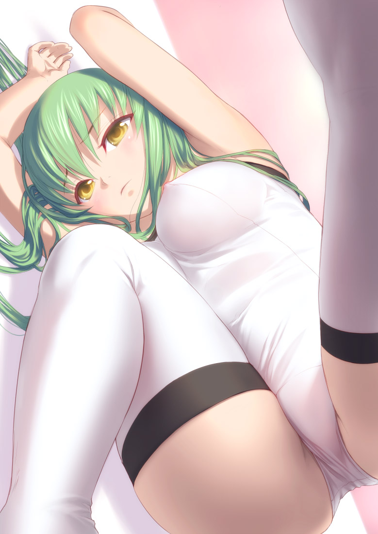 uni (plastic girl), c.c., code geass, 00s, 1girl, breasts, covered erect nipples, female focus, from below, green hair, large breasts, leotard, looking down, lying, on back, solo, thighhighs, yellow eyes