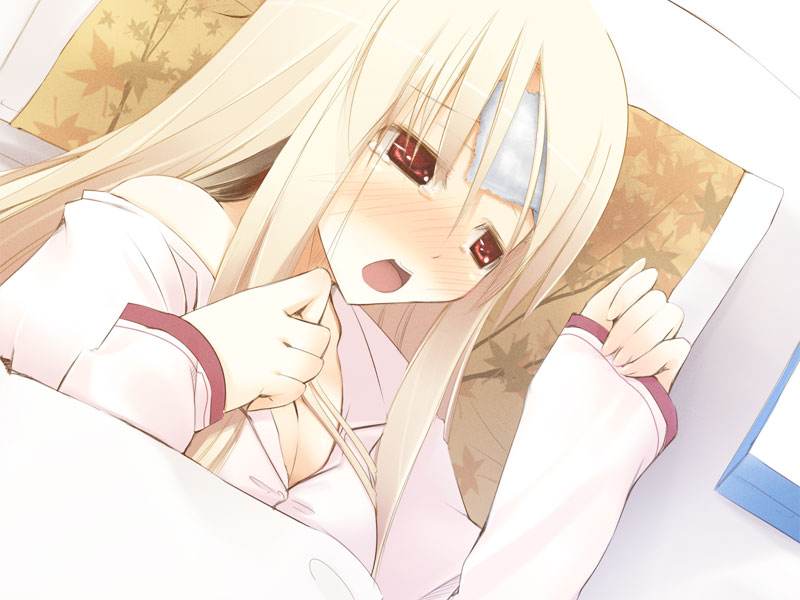 jirou (chekoro), albino, blush, fever, long hair, pajamas, red eyes, sick, solo, white hair