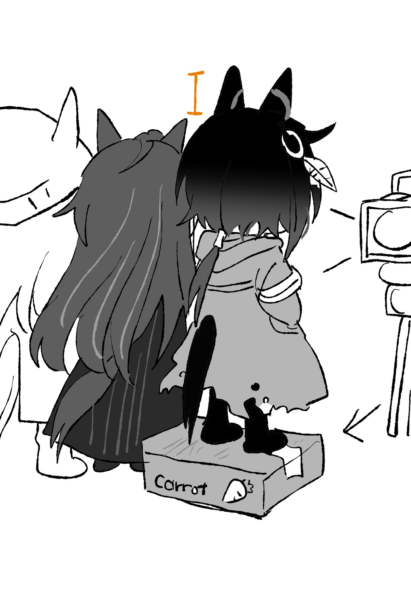 betti (xx betti), dream journey (umamusume), nakayama festa (umamusume), stay gold (umamusume), umamusume, highres, 3girls, animal ears, box, camera, cardboard box, chibi, hands in pockets, height difference, horse ears, horse girl, horse tail, jacket, long hair, multiple girls, standing on box, tail, torn clothes, torn jacket