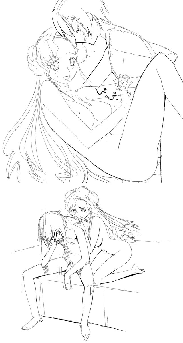 a1 (initial-g), euphemia li britannia, lelouch vi britannia, code geass, highres, 00s, 1boy, 1girl, aftersex, breasts, brother and sister, comic, facepalm, greyscale, hetero, incest, kneeling, monochrome, nipples, nude, penis, premature ejaculation, sex, siblings, sitting, uncensored