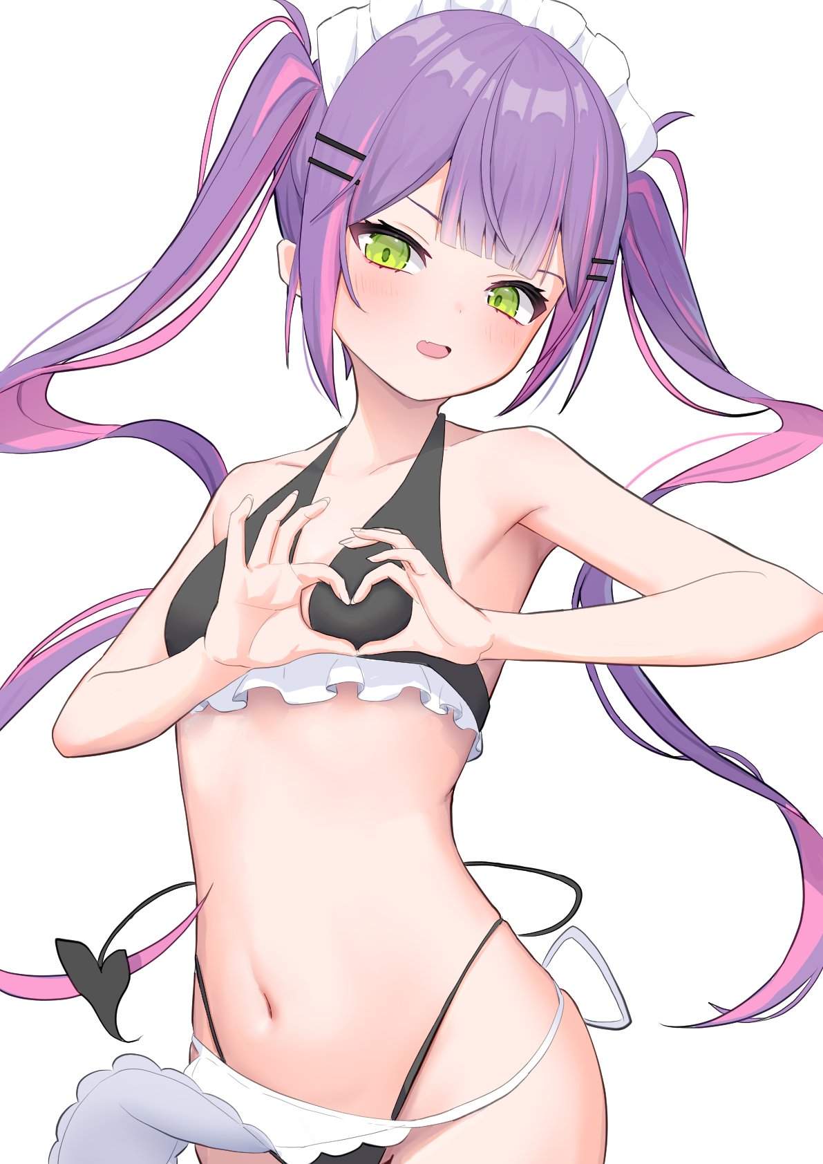 shoreen0504, tokoyami towa, hololive, commentary request, highres, 1girl, apron, armpits, bare arms, bare shoulders, bikini, black bikini, blunt bangs, blush, breasts, collarbone, cowboy shot, demon girl, demon tail, fang, fingernails, four-finger heart hands, frilled bikini, frills, green eyes, hair ornament, hairclip, halterneck, heart, heart-shaped boob challenge, heart hands, highleg, highleg bikini, long fingernails, long hair, looking at viewer, maid, maid bikini, maid headdress, multicolored hair, navel, open mouth, pink hair, pointy ears, purple hair, sidelocks, simple background, skin fang, small breasts, solo, stomach, streaked hair, string bikini, swimsuit, tail, twintails, two-tone hair, unconventional maid, virtual youtuber, waist apron, white apron, white background
