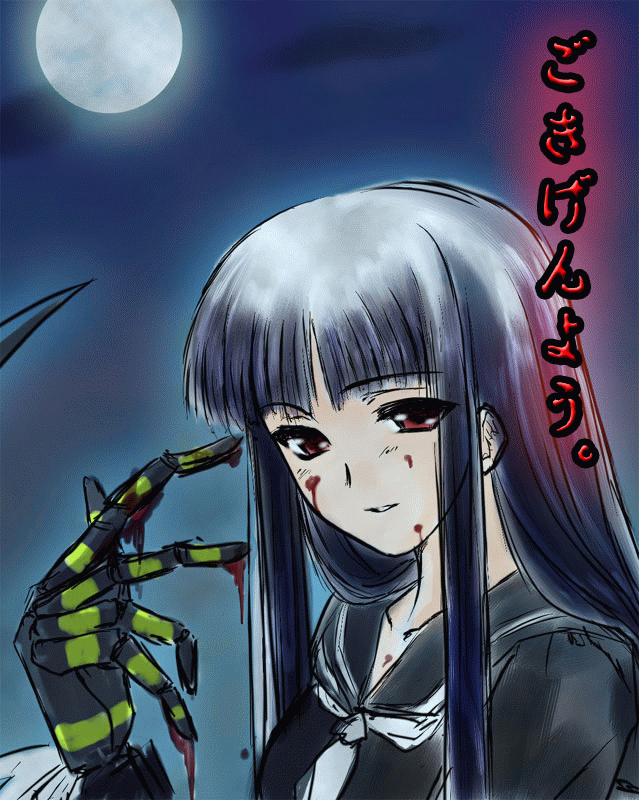 hirasaka hatsune, atlach-nacha, maria-sama ga miteru, 1girl, blood, blood on face, female focus, goth fashion, parody, school uniform, serafuku, solo