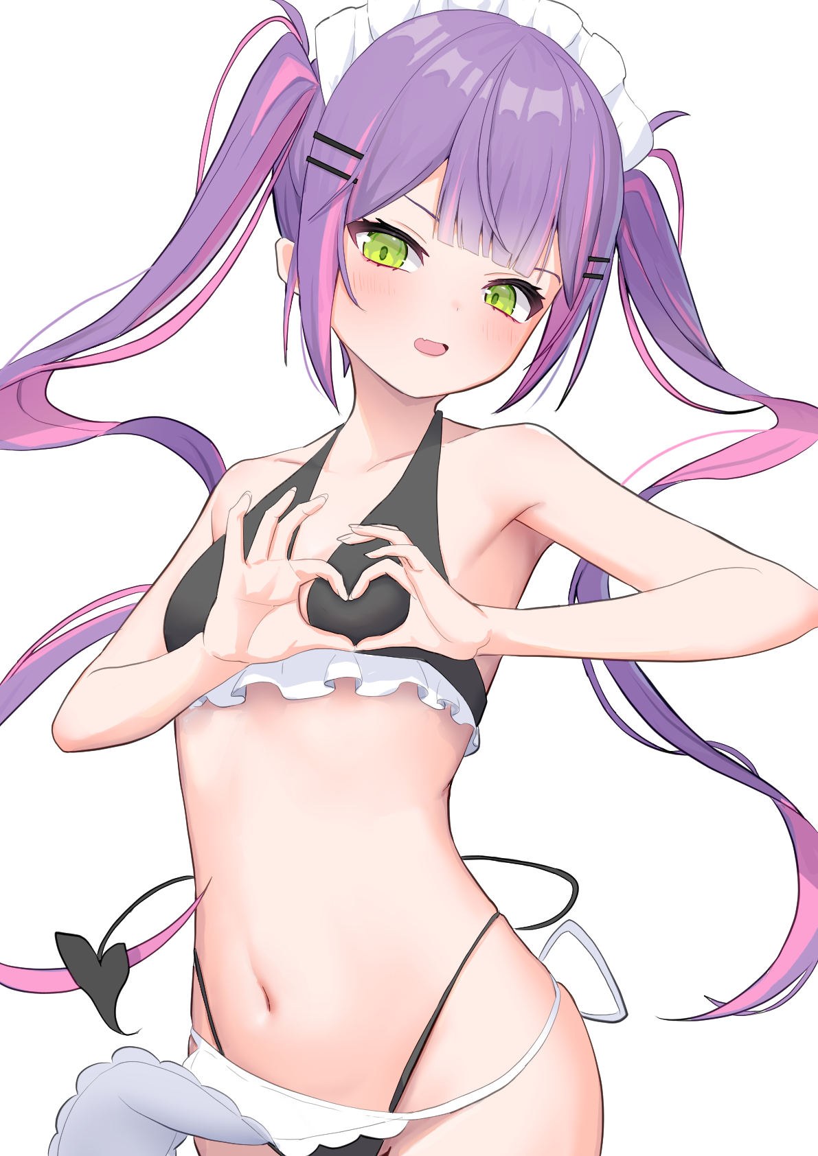shoreen0504, tokoyami towa, hololive, commentary request, highres, 1girl, apron, armpits, bare arms, bare shoulders, bikini, black bikini, blunt bangs, blush, breasts, collarbone, cowboy shot, demon girl, demon tail, fang, fingernails, four-finger heart hands, frilled bikini, frills, green eyes, hair ornament, hairclip, halterneck, heart, heart-shaped boob challenge, heart hands, highleg, highleg bikini, long fingernails, long hair, looking at viewer, maid, maid bikini, maid headdress, multicolored hair, navel, open mouth, pink hair, pointy ears, purple hair, sidelocks, simple background, skin fang, small breasts, solo, stomach, streaked hair, string bikini, swimsuit, tail, twintails, two-tone hair, unconventional maid, virtual youtuber, waist apron, white apron, white background
