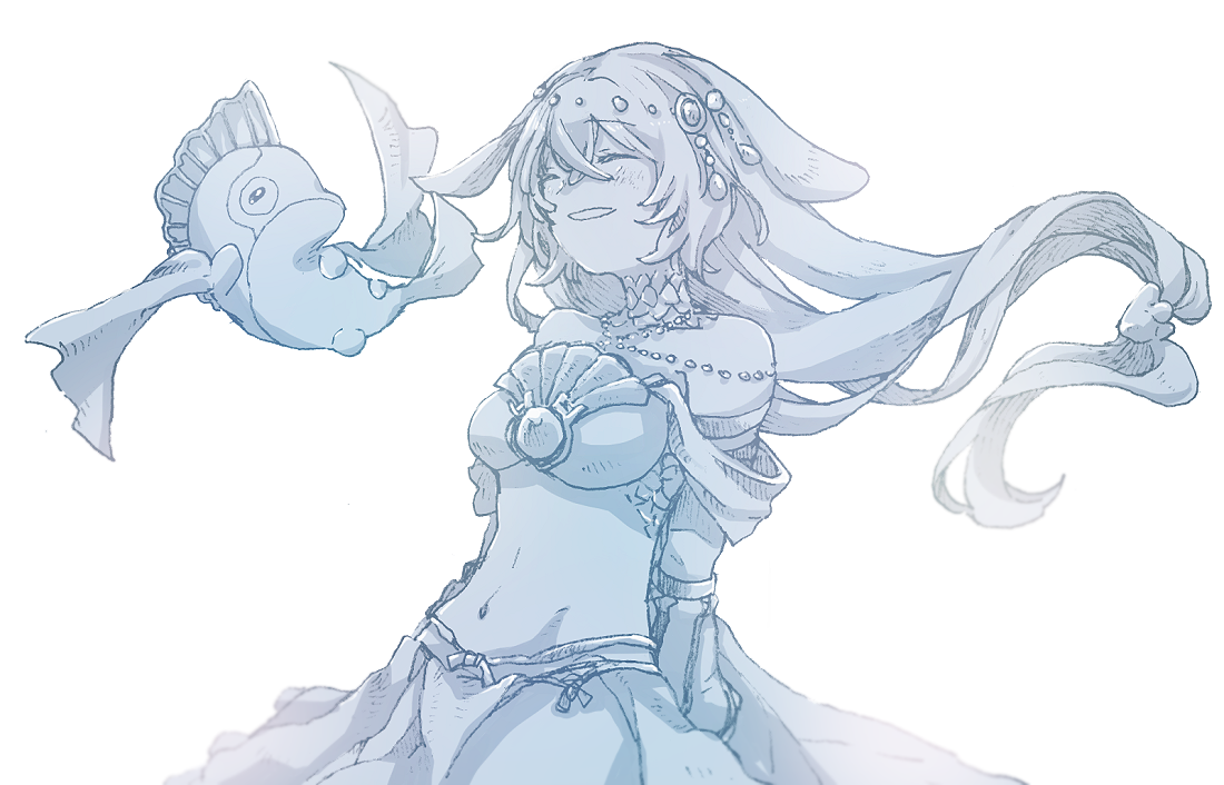 michibata 65, milsha (another eden), minchy (another eden), another eden, commentary request, 1girl, armpit crease, arms behind back, bandeau, bare shoulders, blush, breasts, closed eyes, collarbone, cowboy shot, crossed bangs, detached sleeves, double-parted bangs, fish, floating, floating hair, greyscale, hair between eyes, hair flaps, hair ornament, hatching (texture), jewelry, linear hatching, long hair, low-tied long hair, medium breasts, monochrome, navel, necklace, open mouth, scales, shell, shell hair ornament, simple background, skirt, smile, standing, stomach, very long hair, white background