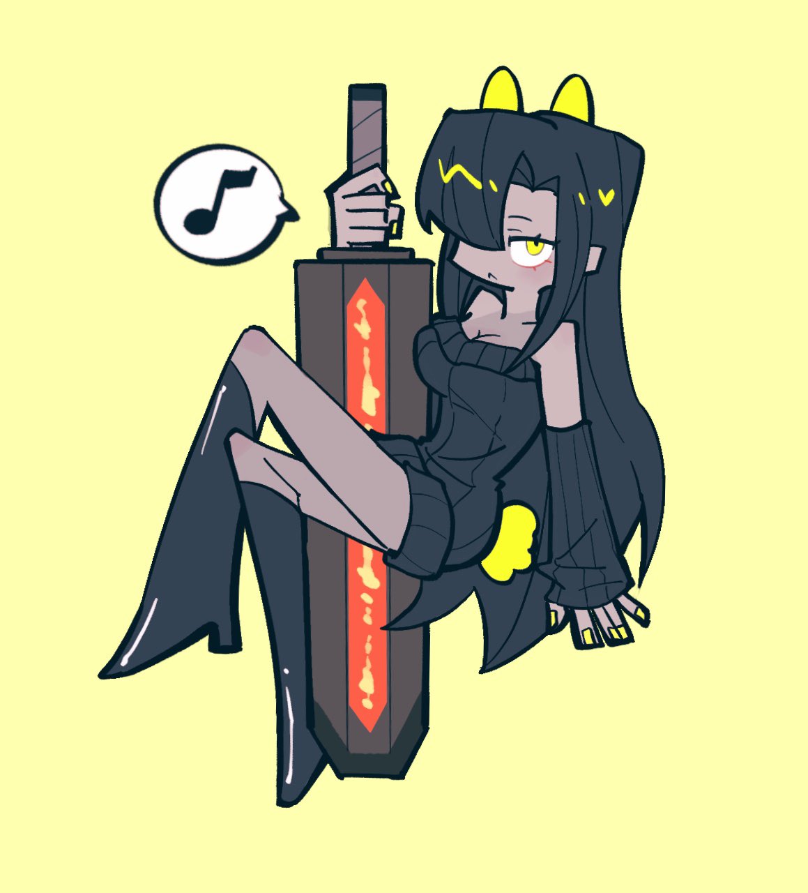 zilu (project moon), limbus company, project moon, highres, 1girl, :<, animal ears, black boots, black hair, black sweater, boots, dark-skinned female, dark skin, deformed, full body, hair over one eye, holding, holding sword, holding weapon, julysleepy, long hair, looking at viewer, one eye covered, rabbit ears, rabbit tail, simple background, sitting, solo, sweater, sword, tail, weapon, yellow background, yellow eyes, yellow nails