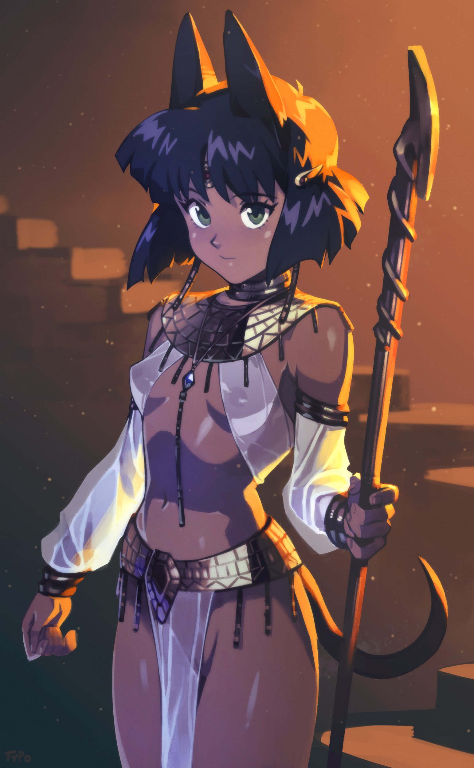 optionaltypo, bastet (mythology), nadia la arwall, fushigi no umi no nadia, absurdres, commentary, english commentary, highres, 1girl, alternate costume, ancient egyptian clothes, animal ears, artist name, bare shoulders, blue gemstone, bob cut, breasts, cat ears, cat girl, cat tail, circlet, covered erect nipples, cowboy shot, dark-skinned female, dark skin, detached sleeves, eyelashes, fusion, gem, gold belt, green eyes, groin, hair ornament, hairclip, holding, holding staff, inverted bob, jewelry, kemonomimi mode, light particles, looking at viewer, midriff, navel, neck ring, necklace, nipples, no panties, pelvic curtain, pussy, revealing clothes, see-through clothes, short hair, signature, skirt, small breasts, solo, staff, stairs, standing, tail, usekh collar, white skirt, white sleeves