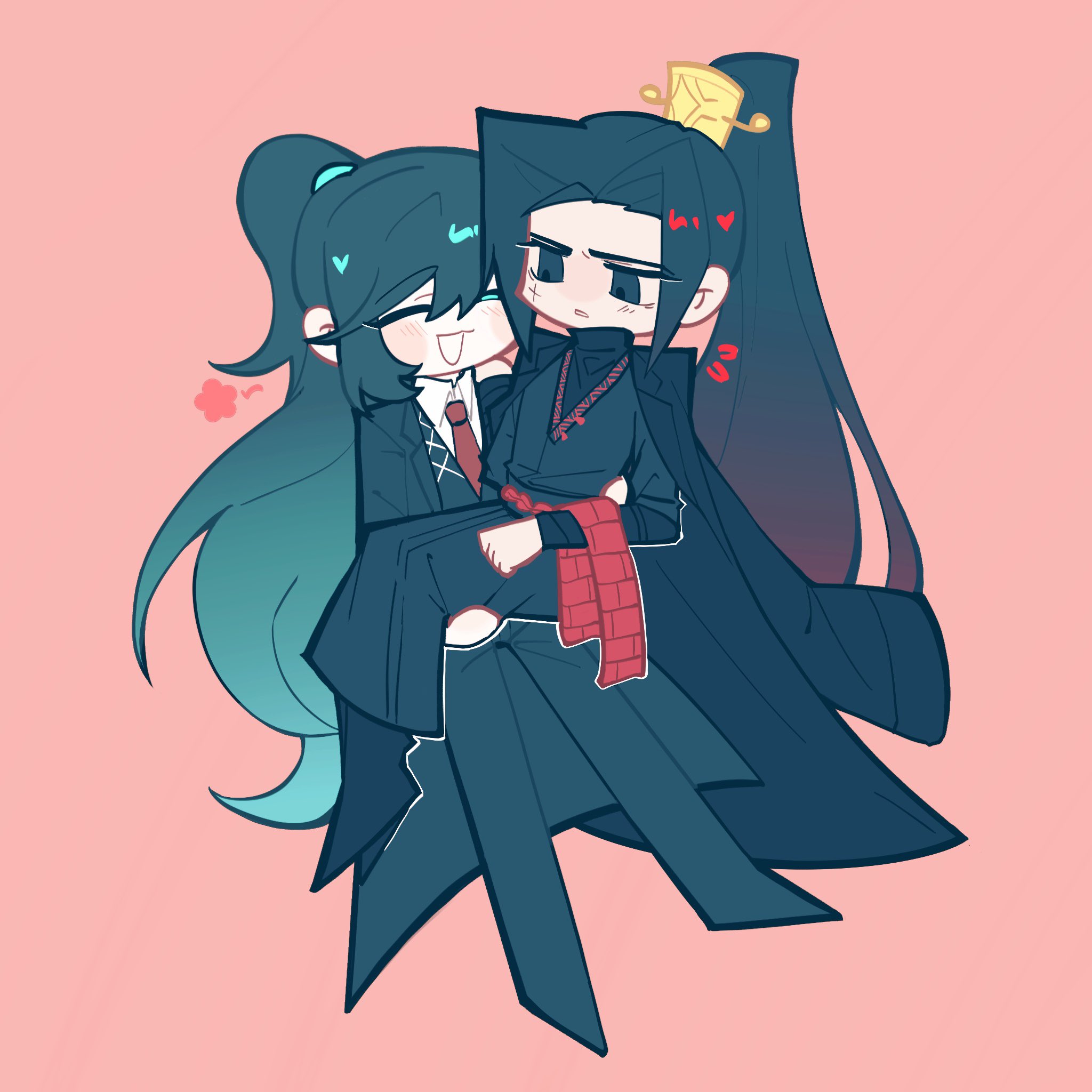 hong lu (project moon), jia qiu (project moon), limbus company, project moon, highres, 2boys, :d, black coat, black eyes, black hair, black hanfu, black pants, black vest, chinese clothes, closed eyes, coat, coat on shoulders, collared shirt, full body, hanfu, high ponytail, holding, julysleepy, long hair, long sleeves, looking at another, male focus, multiple boys, necktie, open mouth, pants, pink background, ponytail, red necktie, shirt, simple background, sitting, smile, standing, vest, white shirt