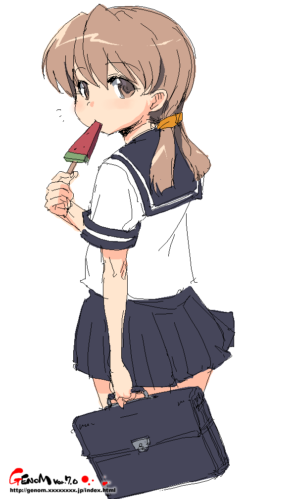 onija tarou, original, briefcase, brown eyes, brown hair, food, fruit, long hair, looking back, oekaki, popsicle, school briefcase, school uniform, serafuku, simple background, sketch, solo, twintails, watermelon, white background