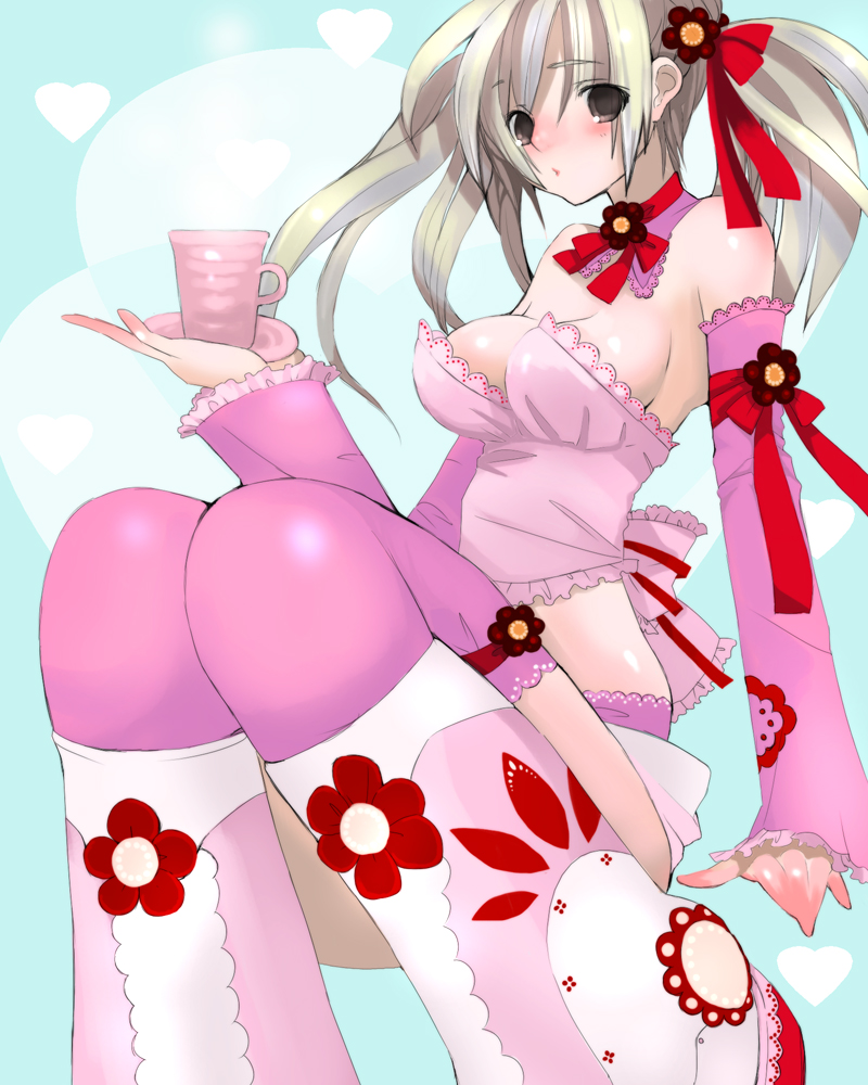 saibashi, 1girl, blonde hair, blush, breasts, brown eyes, bustier, choker, cup, detached sleeves, elbow gloves, female focus, flower, frilled sleeves, frills, gloves, hair ribbon, lingerie, long hair, long sleeves, looking at viewer, pink thighhighs, red ribbon, ribbon, solo, thighhighs, twintails, underwear