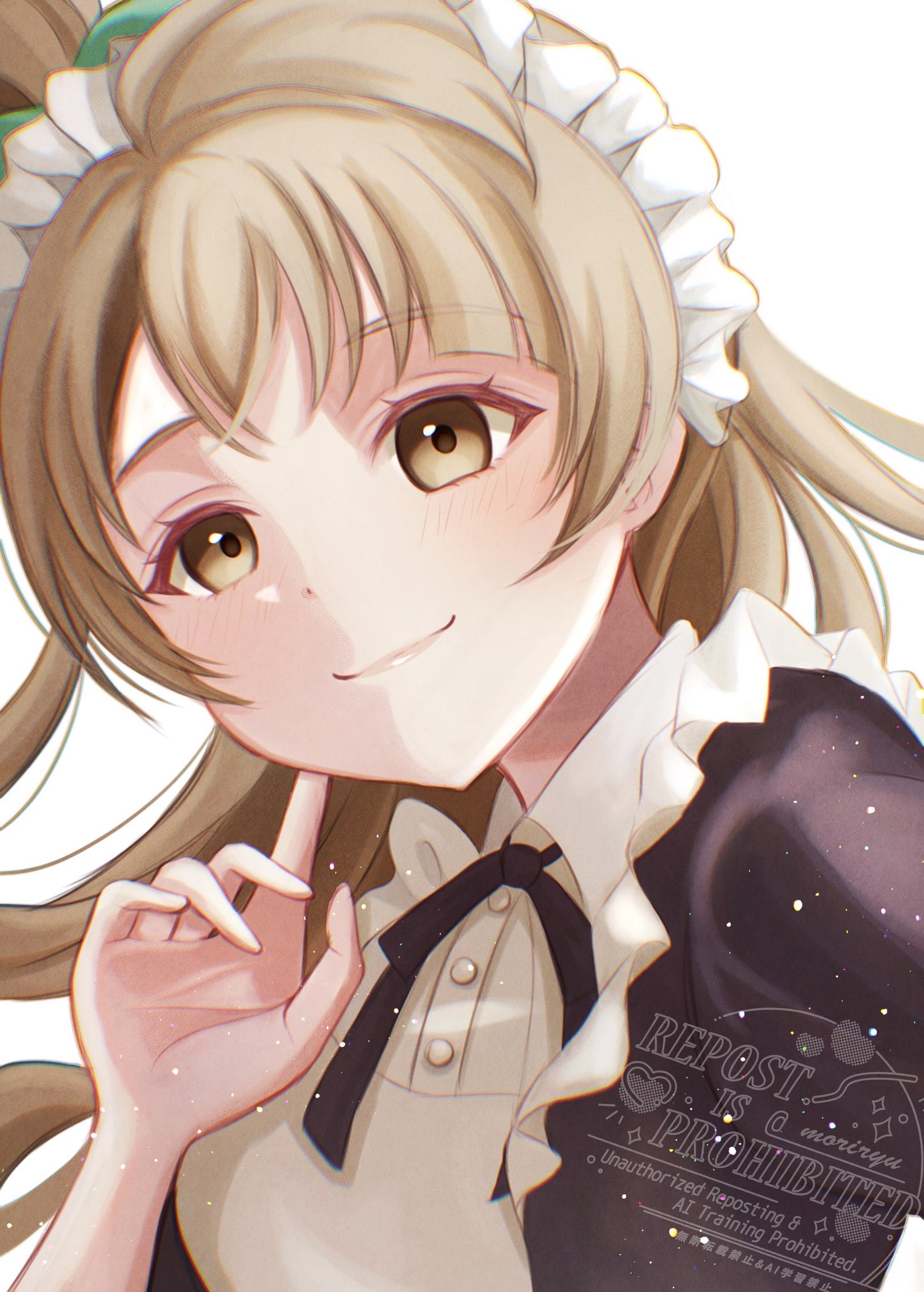 ryuuka (moriryuuuuu24), minami kotori, love live!, love live! school idol project, highres, 1girl, brown eyes, brown hair, long hair, looking at viewer, maid, maid headdress, official alternate costume, smile, solo, upper body, watermark