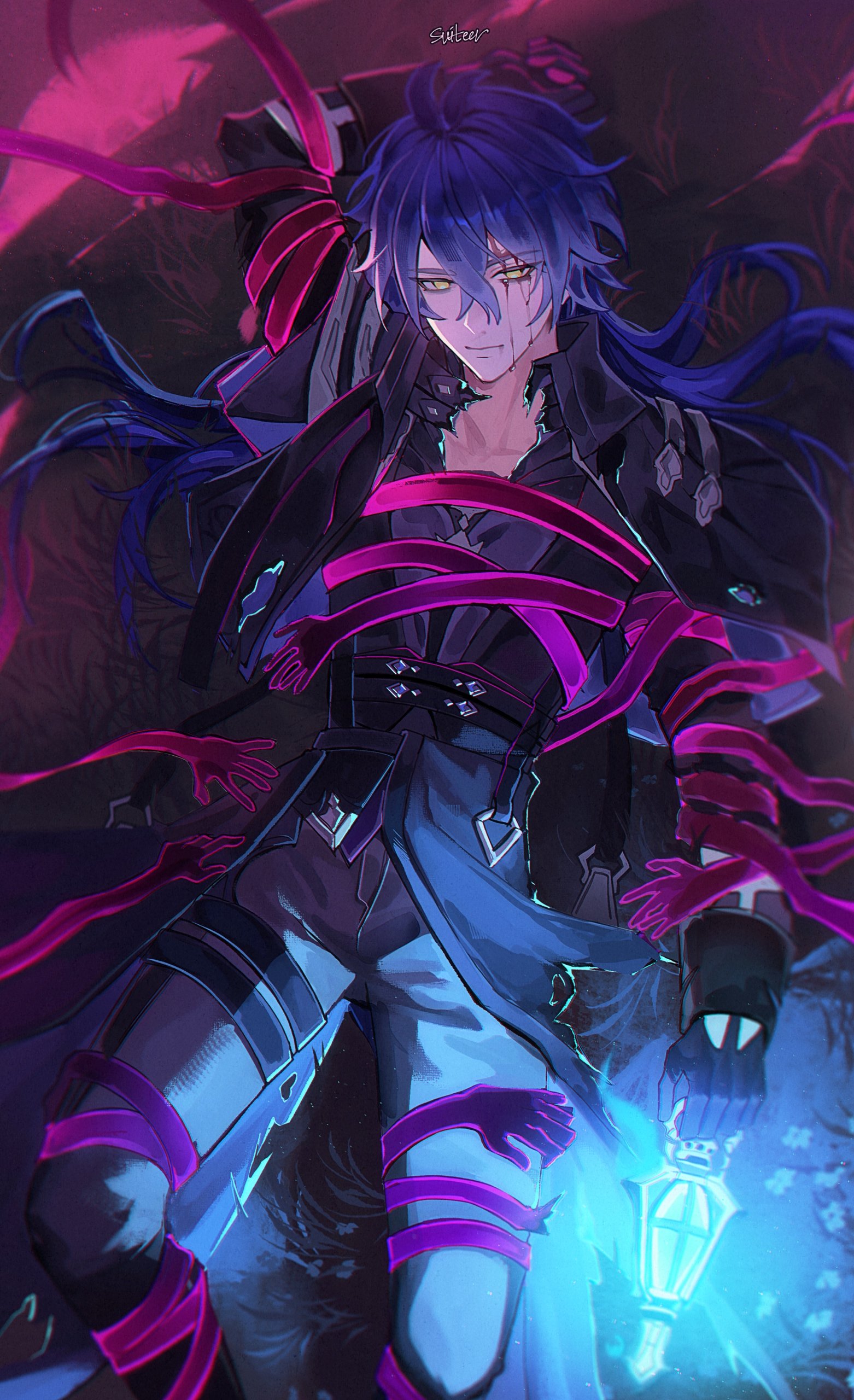 moonya, flins (genshin impact), genshin impact, absurdres, commentary, english commentary, highres, 1boy, antenna hair, arm up, artist name, belt, black belt, black coat, black gloves, bleeding, blood, blood from forehead, closed mouth, coat, crossed bangs, flower, gloves, grey pants, hair between eyes, holding, holding lantern, lantern, long hair, long sleeves, looking at viewer, lying, male focus, on back, pants, purple hair, signature, solo, thigh strap, torn clothes, torn coat, yellow eyes