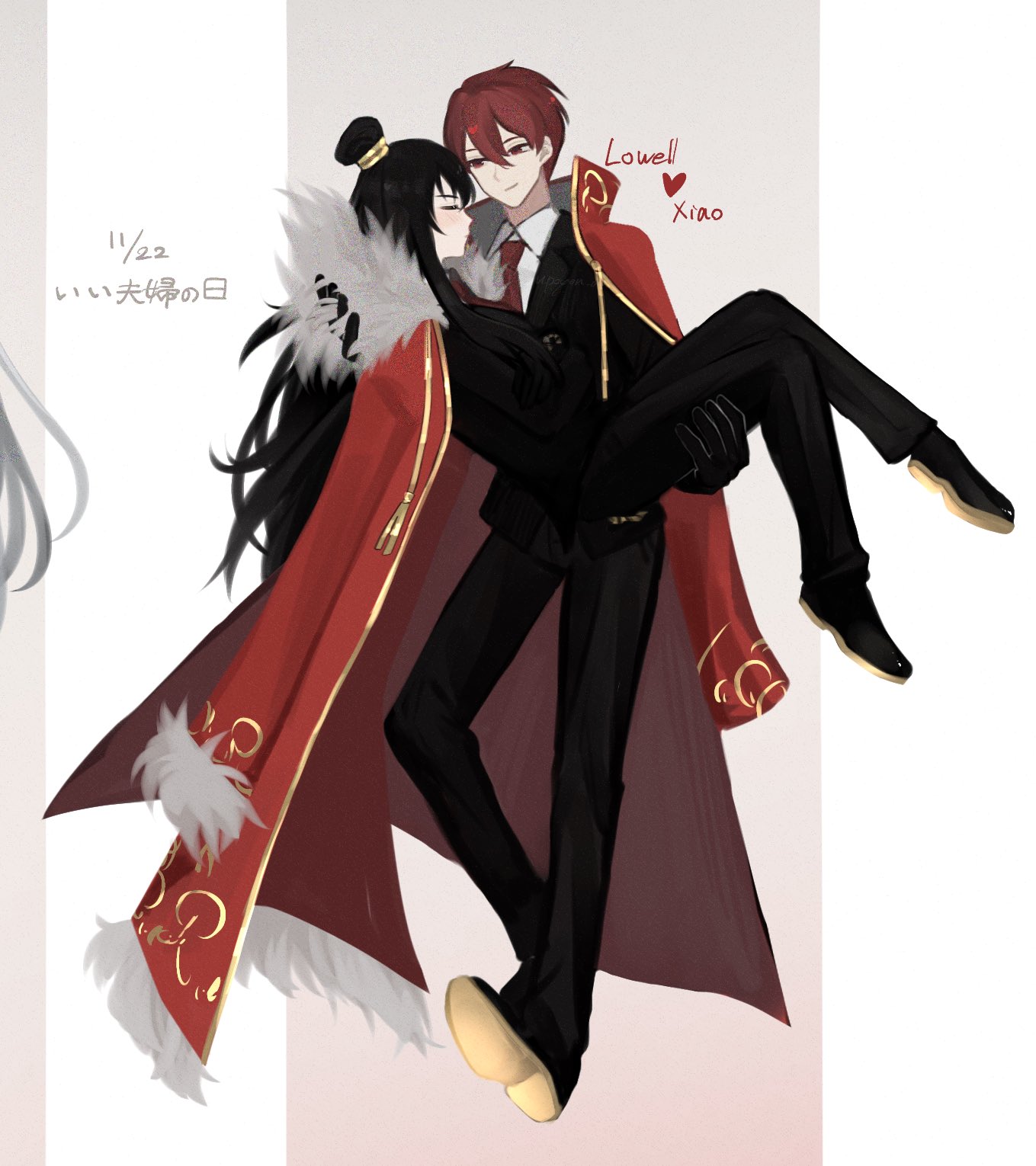 rinne (poyonpoyon o0), lowell (project moon), xiao (project moon), library of ruina, project moon, highres, 1girl, black gloves, black hair, black jacket, black pants, black shoes, brown hair, carrying, coat, coat on shoulders, collared shirt, full body, fur-trimmed coat, fur trim, gloves, gold trim, grey background, hair bun, jacket, long hair, long sleeves, looking at another, necktie, pants, princess carry, red coat, red eyes, red necktie, shirt, shoes, simple background, standing, white shirt