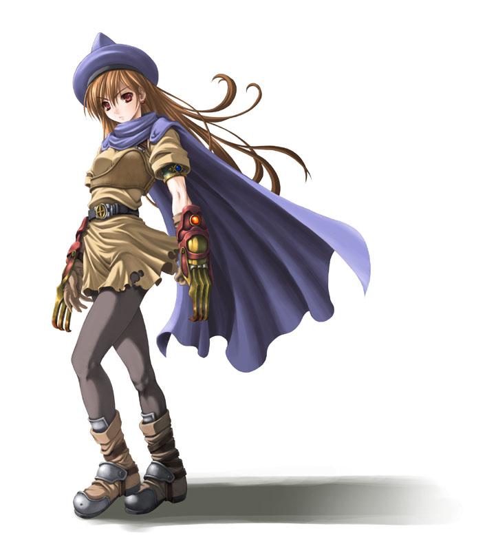 araki maki, alena (dq4), chunsoft, dragon quest, dragon quest iv, enix, 1girl, armlet, belt, black pantyhose, boots, cape, claws, dress, dual wielding, earrings, fantasy, female focus, fighting stance, full body, gem, gloves, hat, holding, jewelry, long hair, looking at viewer, orange hair, pantyhose, red eyes, shadow, short dress, simple background, skirt, solo, standing, torn clothes, yellow dress, yellow skirt