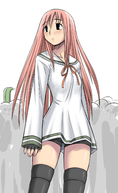 komusou (komusou1), simca, air gear, 00s, 1girl, bike shorts, black thighhighs, blunt bangs, blush, collarbone, cowboy shot, dress, female focus, long hair, long sleeves, looking afar, looking to the side, pink hair, red ribbon, ribbon, sailor dress, shorts, simple background, sleeves past wrists, solo, standing, thighhighs, very long hair, white background, white dress