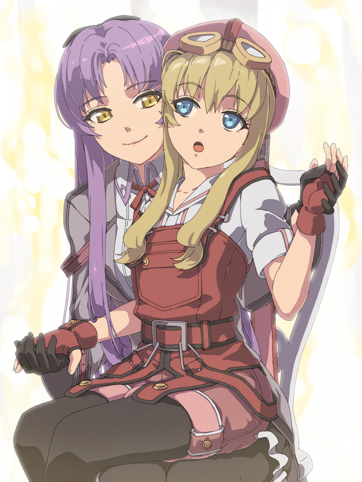 chiharu (9654784), renne (eiyuu densetsu), tita russell, eiyuu densetsu, kai no kiseki, kuro no kiseki (series), highres, 2girls, black gloves, black thighhighs, blonde hair, blue eyes, chair, closed mouth, curtained hair, fingerless gloves, gloves, goggles, goggles on head, hair between eyes, hat, holding hands, hug, long hair, multiple girls, open mouth, pantyhose, parted bangs, purple hair, red gloves, shorts, sidelocks, simple background, sitting, smile, suspenders, thighhighs, two side up, yellow eyes