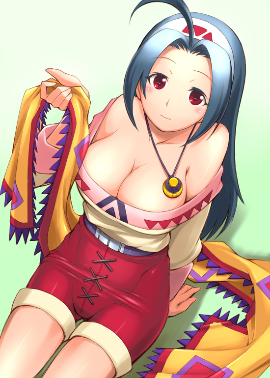 seki suzume, lucia (lunar), miura azusa, game arts, idolmaster, idolmaster (classic), idolmaster 1, lunar, lunar 2: eternal blue, 1girl, ahoge, blue hair, blush, breasts, cleavage, cosplay, female focus, hairband, jewelry, large breasts, long hair, look-alike, lucia (lunar) (cosplay), necklace, pendant, red eyes, shawl, solo